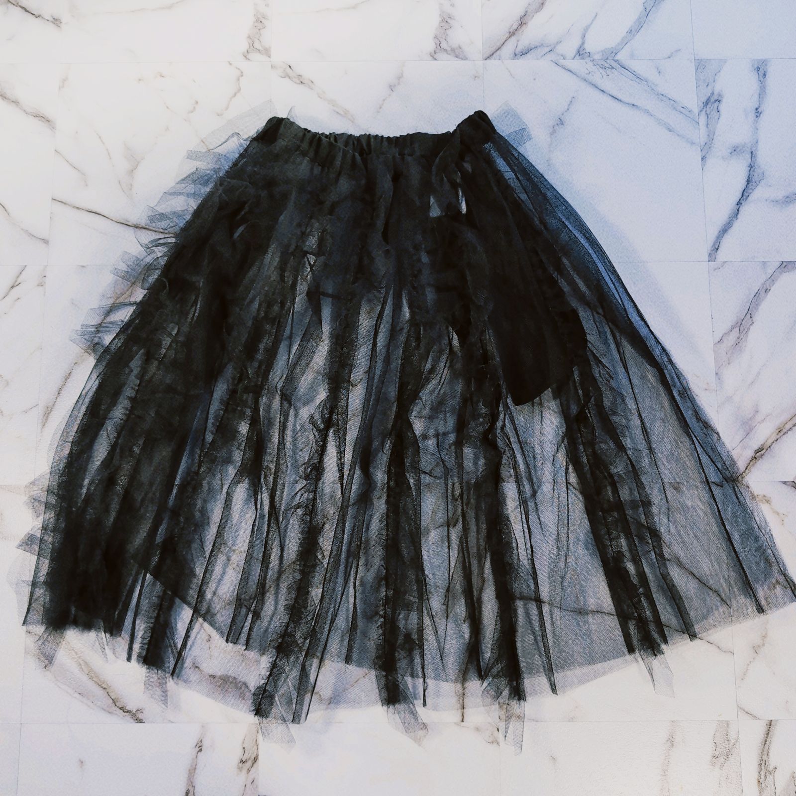 AD2025 tao ナイロンチュール×ウールモヘアクロス後染 ウエストゴムスカート フリーサイズ ブラック フリル