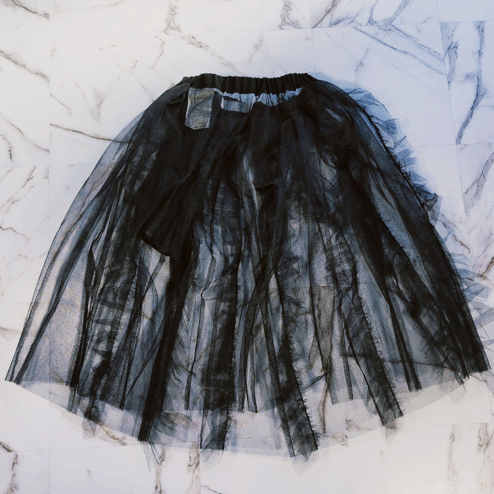 AD2025 tao ナイロンチュール×ウールモヘアクロス後染 ウエストゴムスカート フリーサイズ ブラック フリル