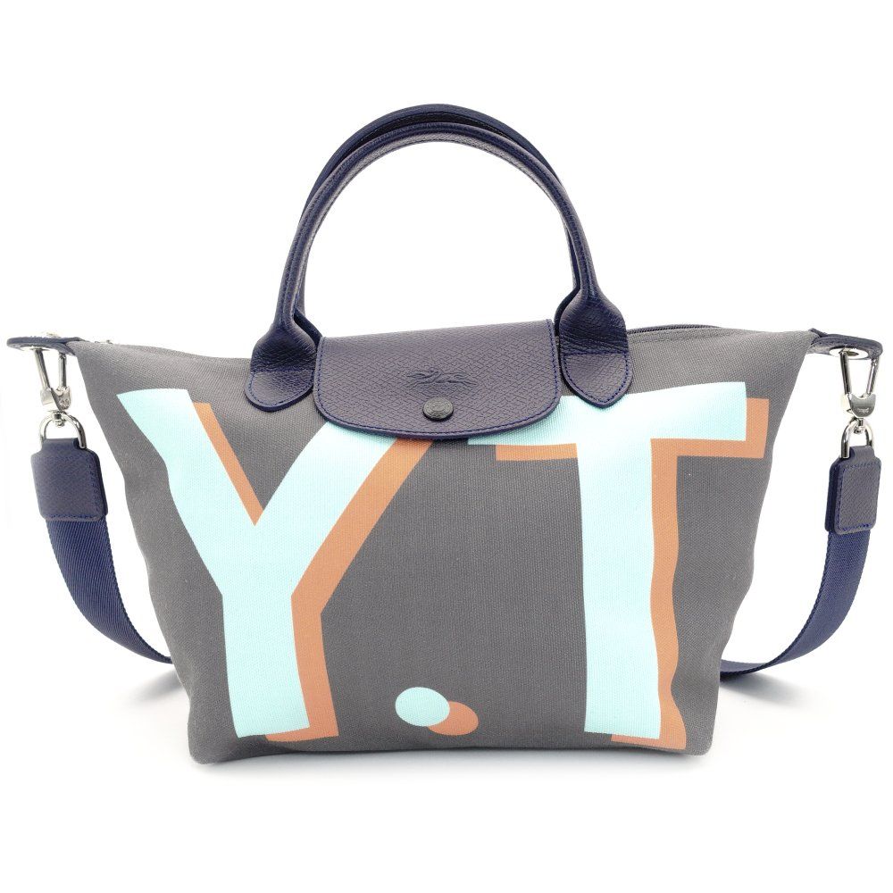 ロンシャン Longchamp プリアージュ カスタム シグネチャー Y.T ハンドバッグ キャンバス レザー グレー×ネイビー 2way 7-10-598