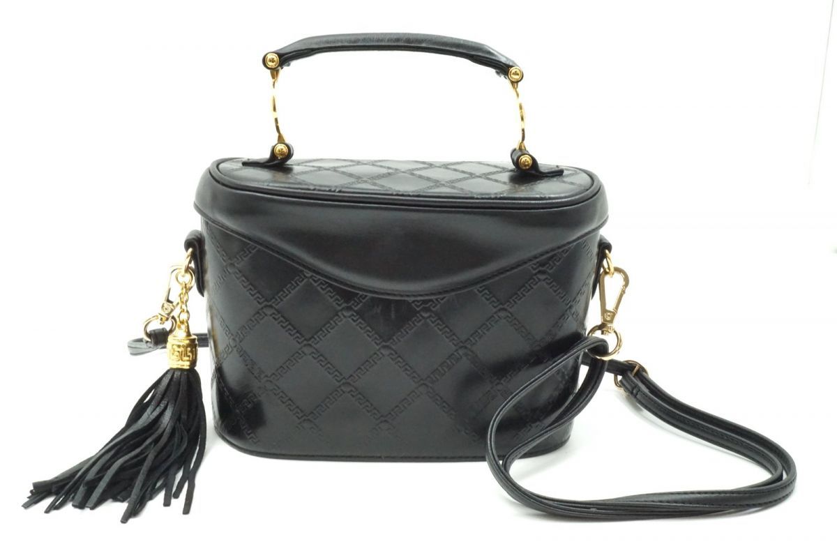 美品 VERSACE ヴェルサーチ バニティ ハンドバッグ サンバースト レザー ヴェルサーチェ サンバースト ロゴ ハンドバッグ ヴァニティバッグ