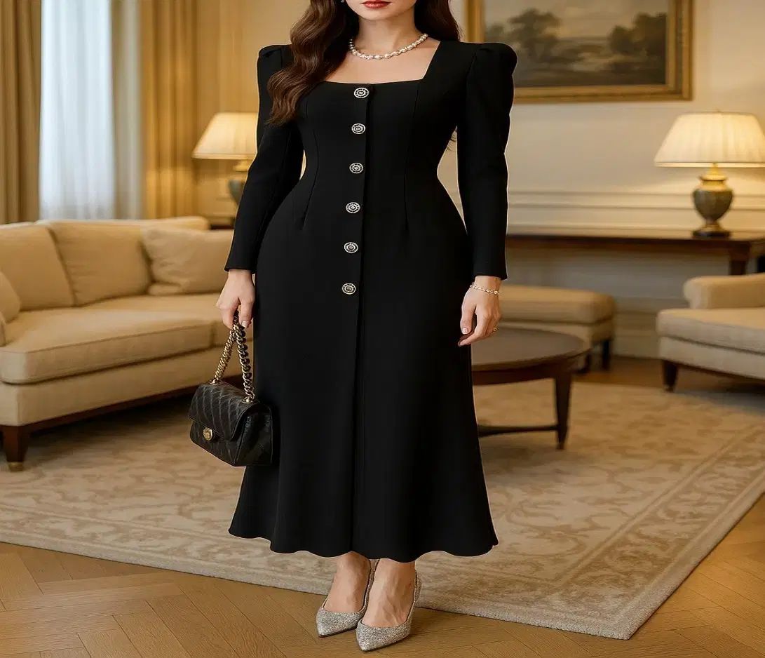 スクエアネック ロング ワンピース ゲストルック オフィスルック デートコーデ M ㅡ