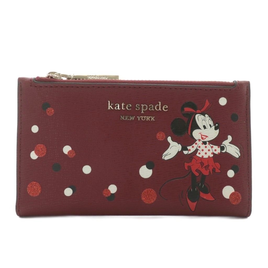 ケイトスペード KATE SPADE × ディズニー Disney カードケース 小銭入れ 二つ折り レザー ミニーマウス ロゴ ゴールド金具 赤 レッド PWR00243 |XZ GY18