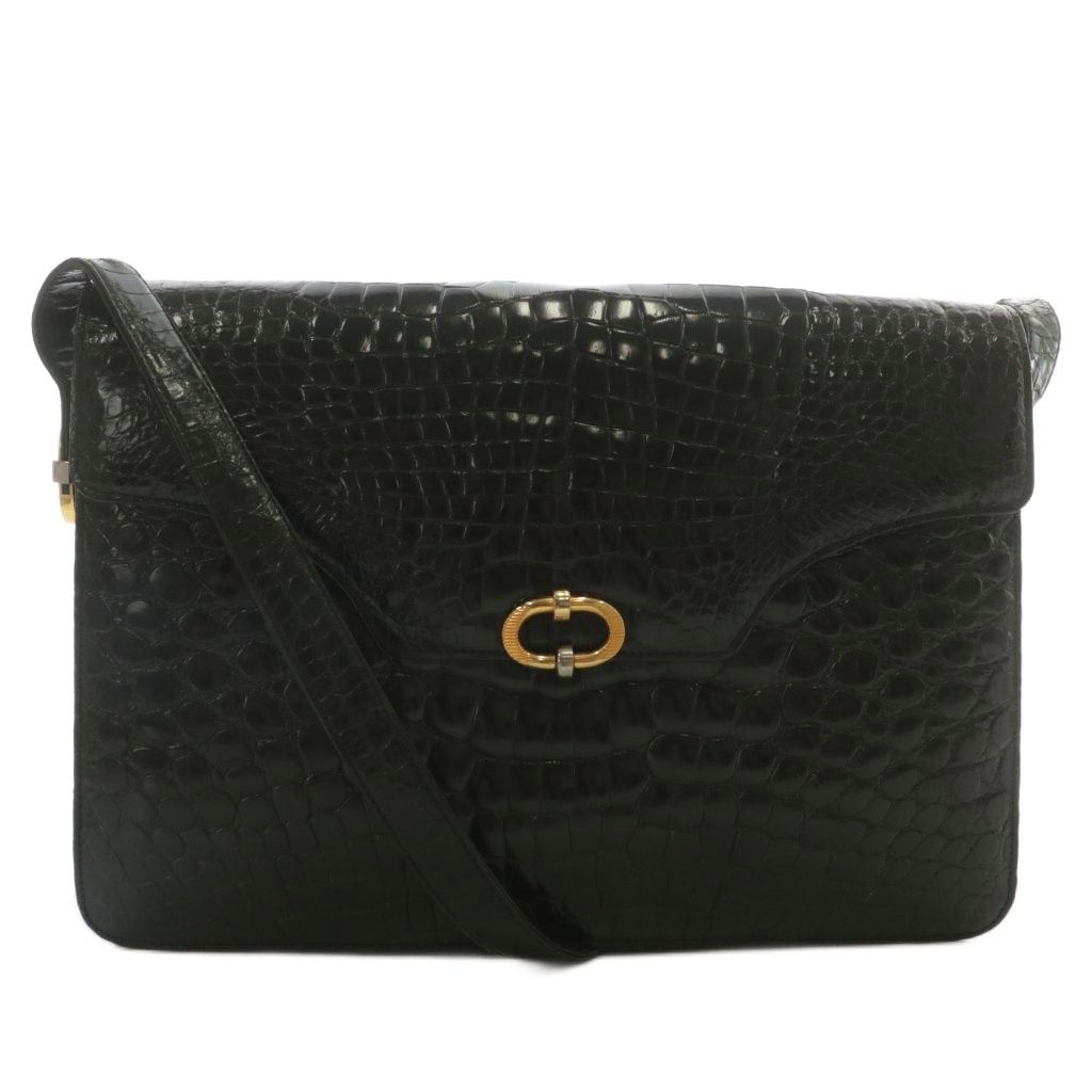 カイヨウ KAIYO ショルダーバッグ クロコダイル ワニ革 レザー シャイニング ゴールド金具 黒 ブラック XZ GY18