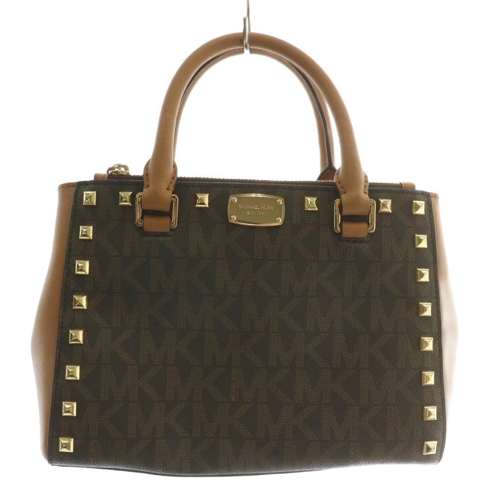 マイケルコース MICHAEL KORS ケレン KELLEN ハンドバッグ PVC レザー MKシグネチャー スタッズ 総柄 ロゴ ゴールド金具 茶色 ブラウン 35T7GK9S0B |XZ GY18