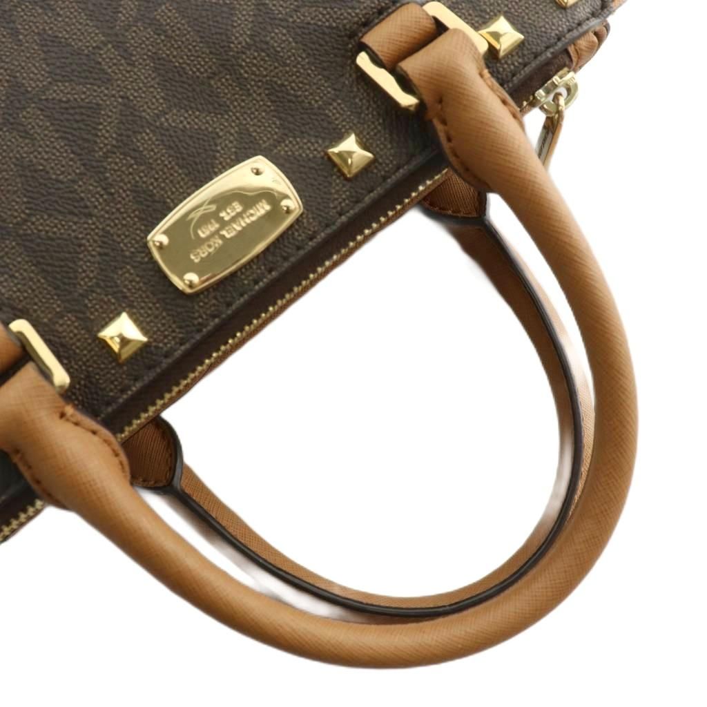 マイケルコース MICHAEL KORS ケレン KELLEN ハンドバッグ PVC レザー MKシグネチャー スタッズ 総柄 ロゴ ゴールド金具 茶色 ブラウン 35T7GK9S0B XZ GY18 DECORATOM_COM_BR