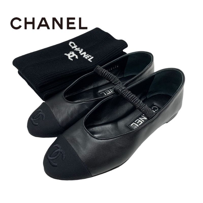 CHANEL ブラック レザー メリージェーン フラットシューズ シャネル CHANEL フラットシューズ 靴 シューズ レザー ファブリック
