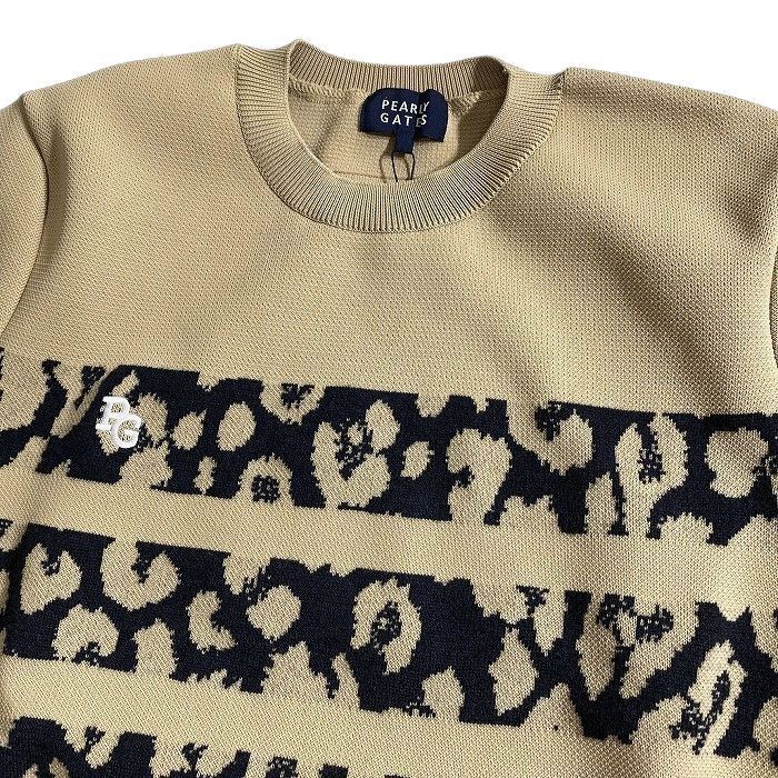 パーリーゲイツ ゴルフ ウールポリコード×エコペット2 WJQ レオパード柄ボーダー クルーネック 長袖 ニット セーター プルオーバー ゴルフウェア 053-2270005 定価3.7万 ベージュ ブラック 041 51007w04 LLC-HASEGAWATOSO_COM