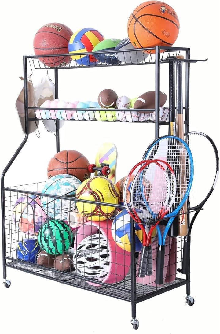 Lhysn 大型スポーツ用品収納ラック 金属メッシュシェルフ ボール整理 ボール収納カート スポーツルーム キャスター付き 移動便利 省スペース 組み立て簡単 丈夫 耐摩耗 黒