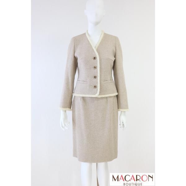 Rene ヘリンボーン柄ツイードジャケット&スカートスーツ ベージュ ルネ