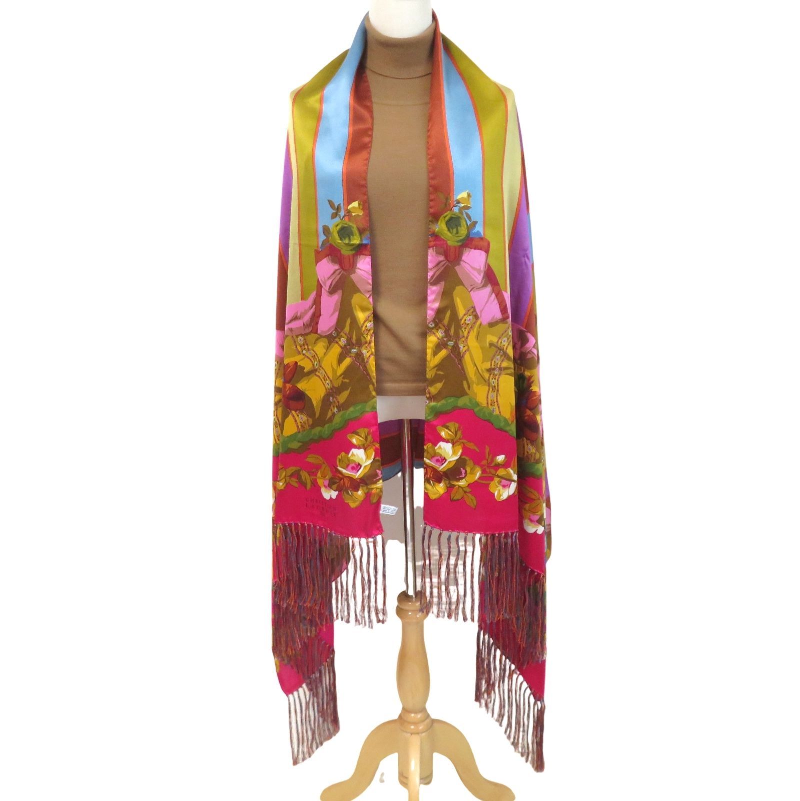 CHRISTIAN LACROIX クリスチャン ラクロワ シルクストール 大判 花柄xストライプ イタリア製 外 き rk10362