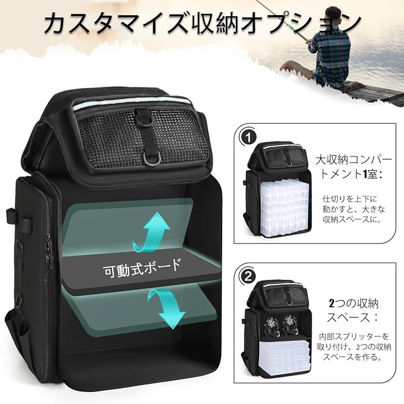 ロッドホルダー付き釣りバックパック - 45 L 大型防水フィッシングバッグ アウトドアキャンプ ハイキング用装備向け バッグ本体のみ 0