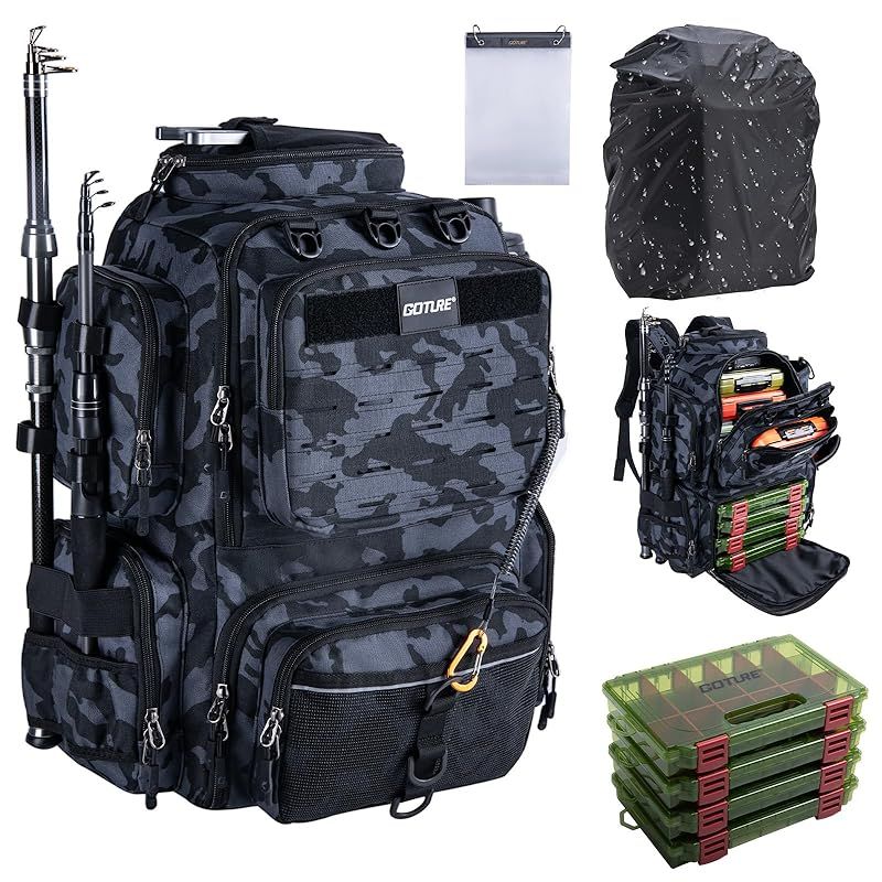 Goture フィッシングリュック 釣りバッグ 45L大容量 600Dオックスフォード 撥水加工 携帯用ルアーケース4個付き 透明厚手収納袋付き タックル収納 多機能 釣り 登山 旅行 アウトドア グレー迷彩 1