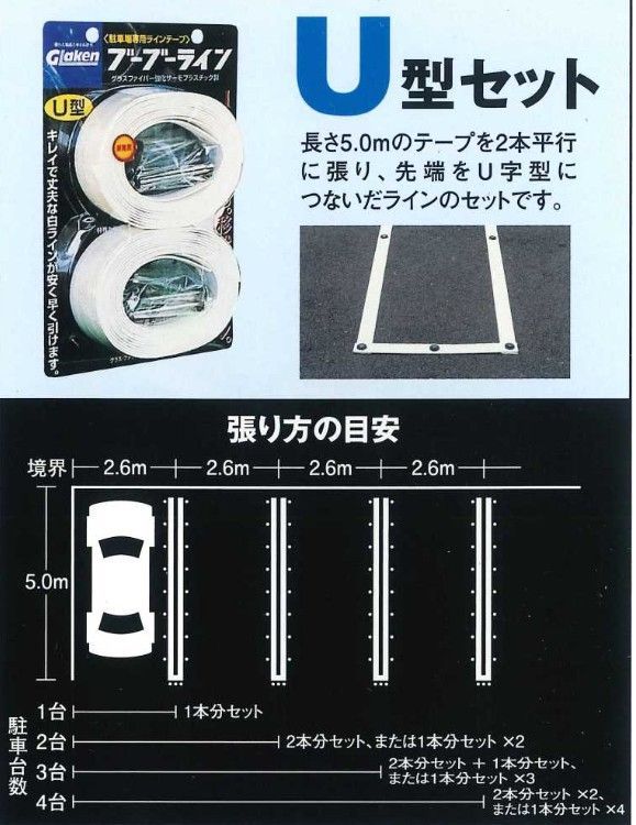 2本分セット Glaken ブーブーライン U型3cm幅2本セット 砂利 芝生用 BBL3-U2A 駐車場 駐輪場 ラインテープ 駐車場ライン引き U型セット