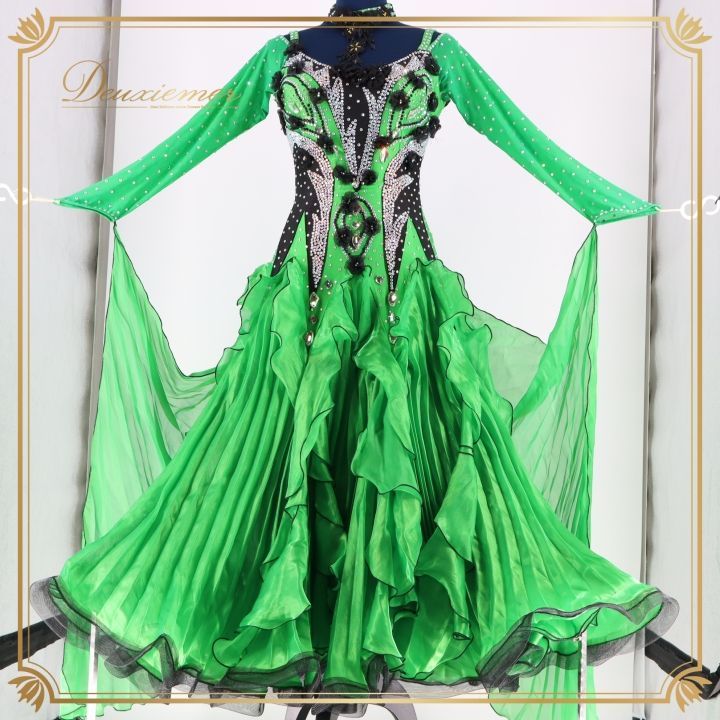 社交ダンス 衣装 スタンダードドレス スタンダード ドレス ワンピース 緑 フロート デモ 競技 ダンス パーティ プリーツ 黒 ブラック グリーン系 鮮やか 華やか 衣装ドレス デモ用 競技用 パーティー用 ダンスウェア コスチューム ステージ衣装