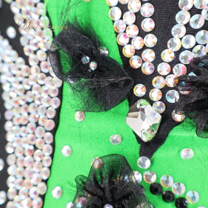 社交ダンス 衣装 ドレス ドレス ワンピース 緑 フロート デモ 競技 ダンス パーティ プリーツ 黒 ブラック グリーン系 鮮やか 華やか 衣装ドレス 競技用 パーティー用 ダンスウェア コスチューム ステージ衣装 LLC-HASEGAWATOSO_COM