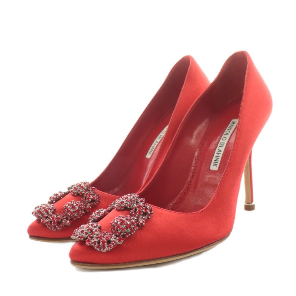 マノロブラニク MANOLO BLAHNIK パンプス ハイヒール ポインテッドトゥ ビジュー サテン 35.5 赤 レッド |AN17