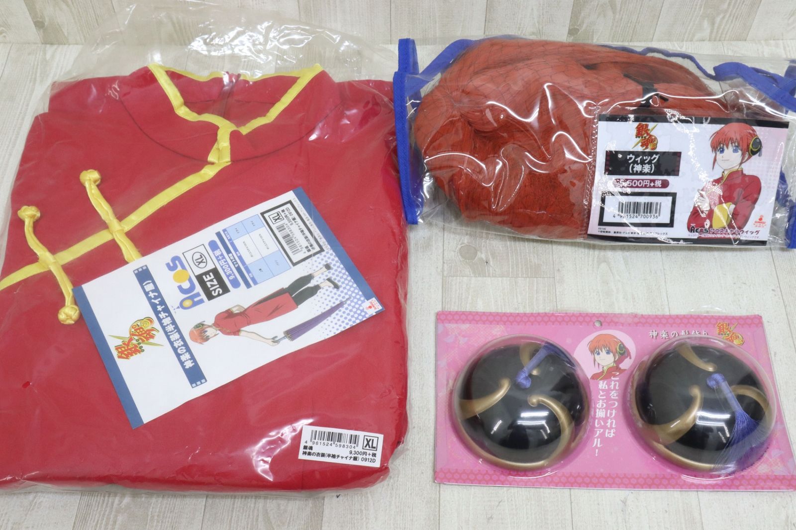 ACOS アコス 銀魂 神楽 コスプレ 3点セット 半袖チャイナ服 ウィッグ 髪飾り