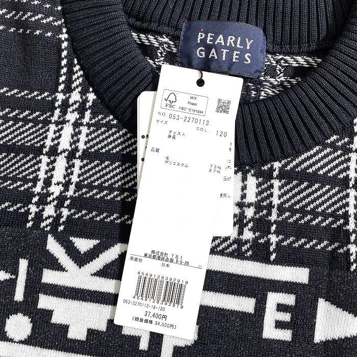 【国際ブランド】 パーリーゲイツ ゴルフ ウール混 ジャガードニット ナバホ×チェック柄 クルーネック 長袖 ニット セーター プルオーバー ゴルフウェア 053-2270113 定価3.7万 ネイビーブラック ホワイト ▲041 51008w01 【新品本物】