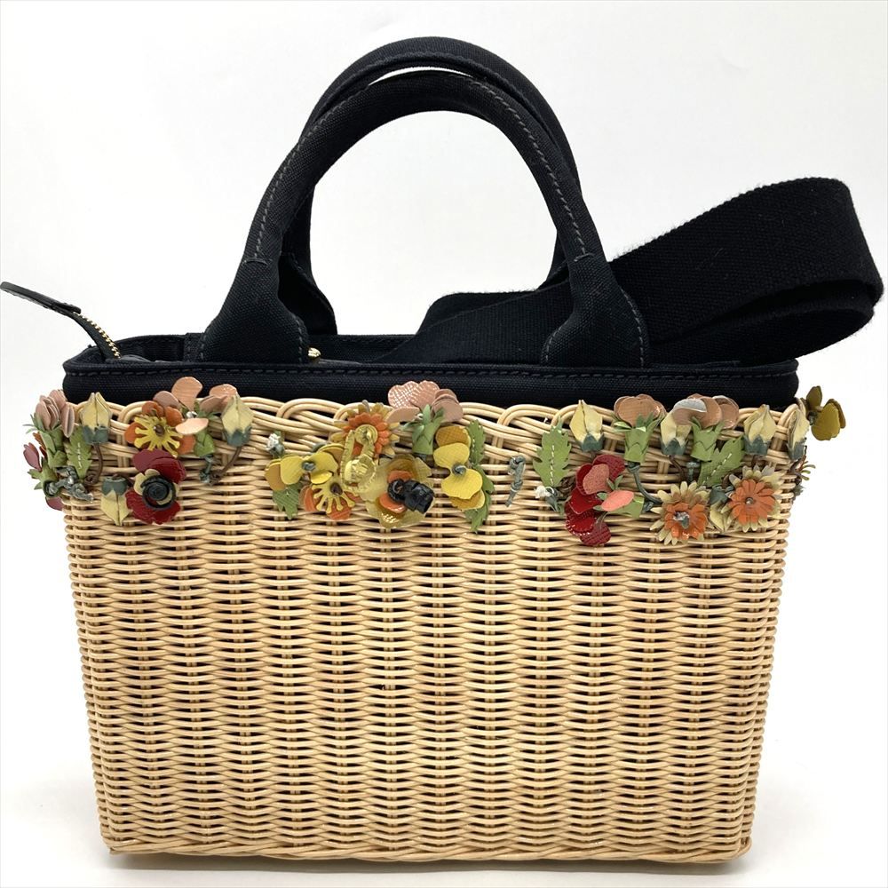 プラダ PRADA ウィッカー ハンドバッグ 2WAY ラタン コットン ベージュ ゴールド金具 フラワー かごバッグ レディース