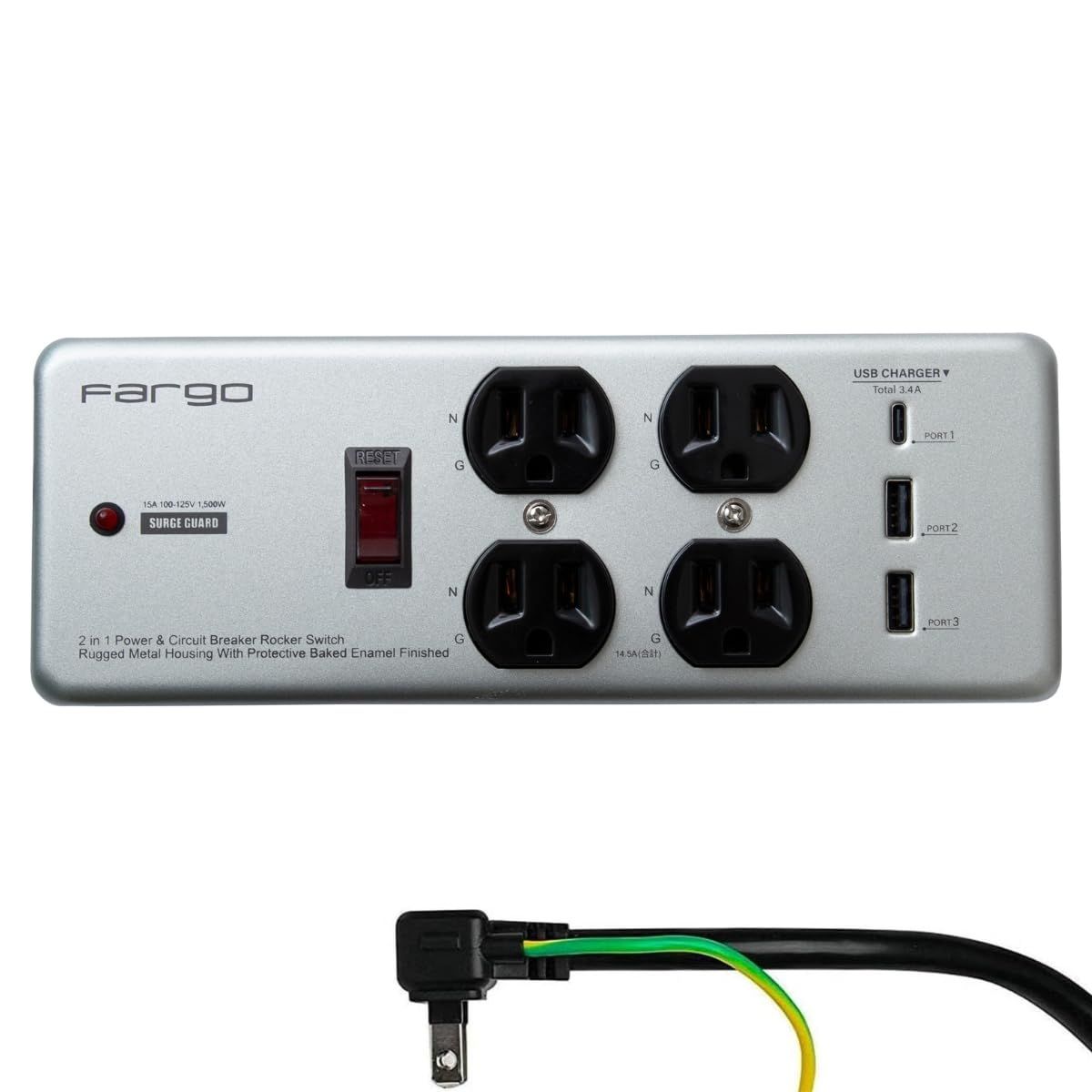 【迅速発送】Fargo ファーゴ STEEL TAP USB-C USB-A 電源タップ スチール製 3ピン対応 アース線付き コード 壁掛け 固定 (シルバー USB 4個口 1.8m)