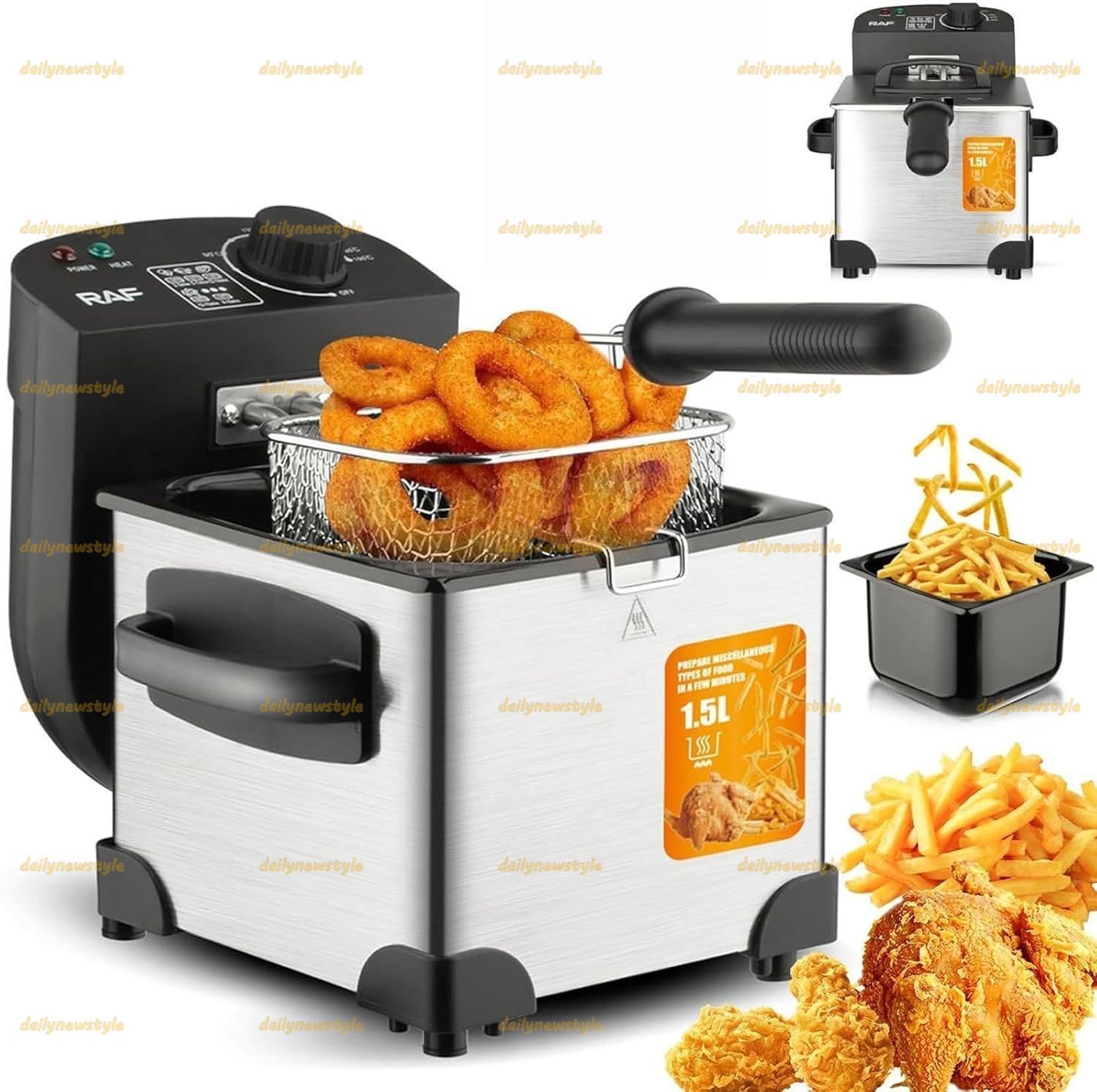 人気推薦◆1000W電気フライヤー 1.5リットルステンレススチールフライヤー 家庭用フライヤー 温度調節 0℃-190℃ フライバスケットと蓋付き ハイパワーフライヤー 家庭用チキンフライ用