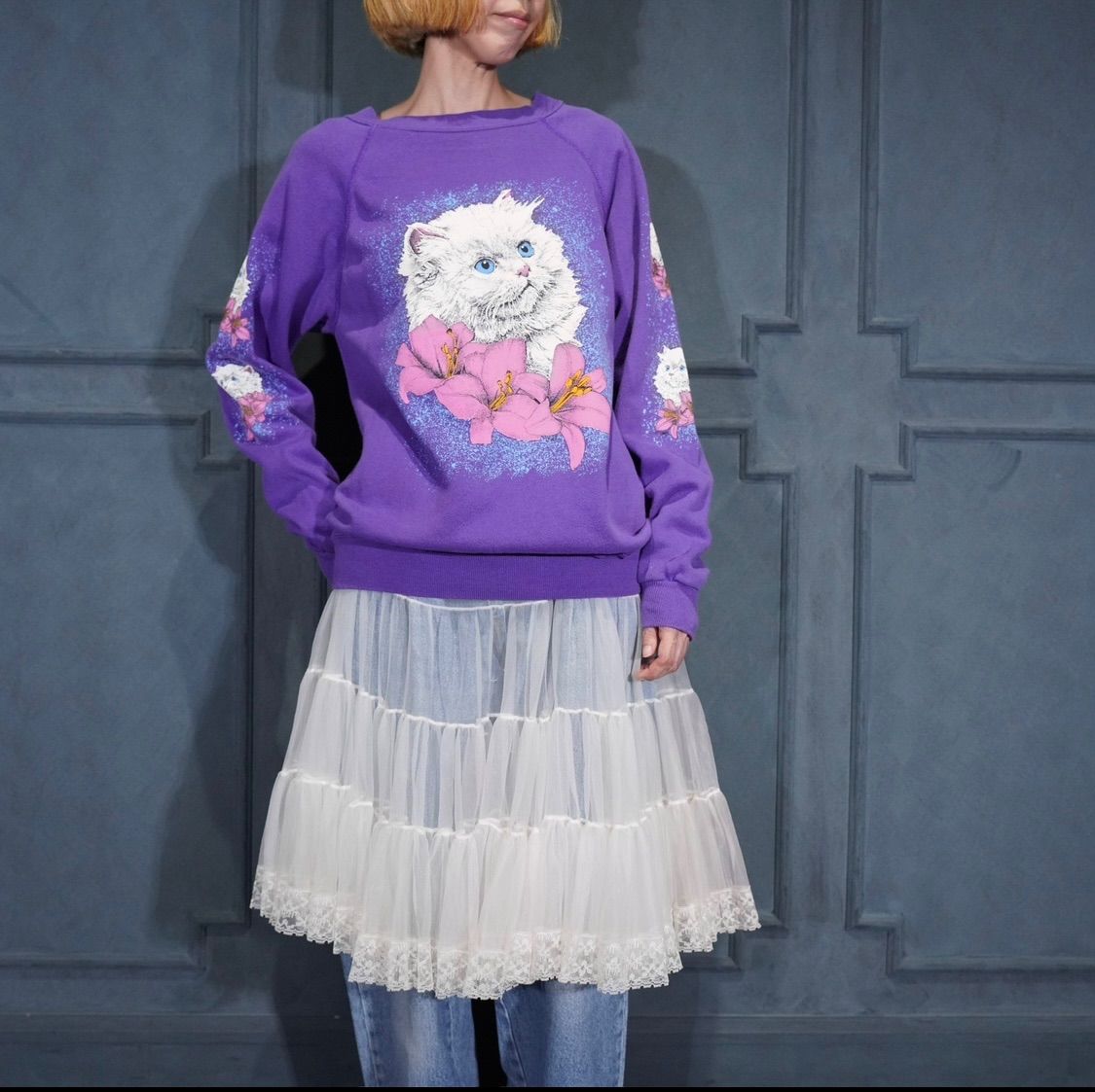 USA VINTAG Hanes Her Way FLOWER CAT DOUBLE SIDED PRINT DESIGN SWEAT SHIRT アメリカ古着お花にゃんこ両面プリントデザインスウェット