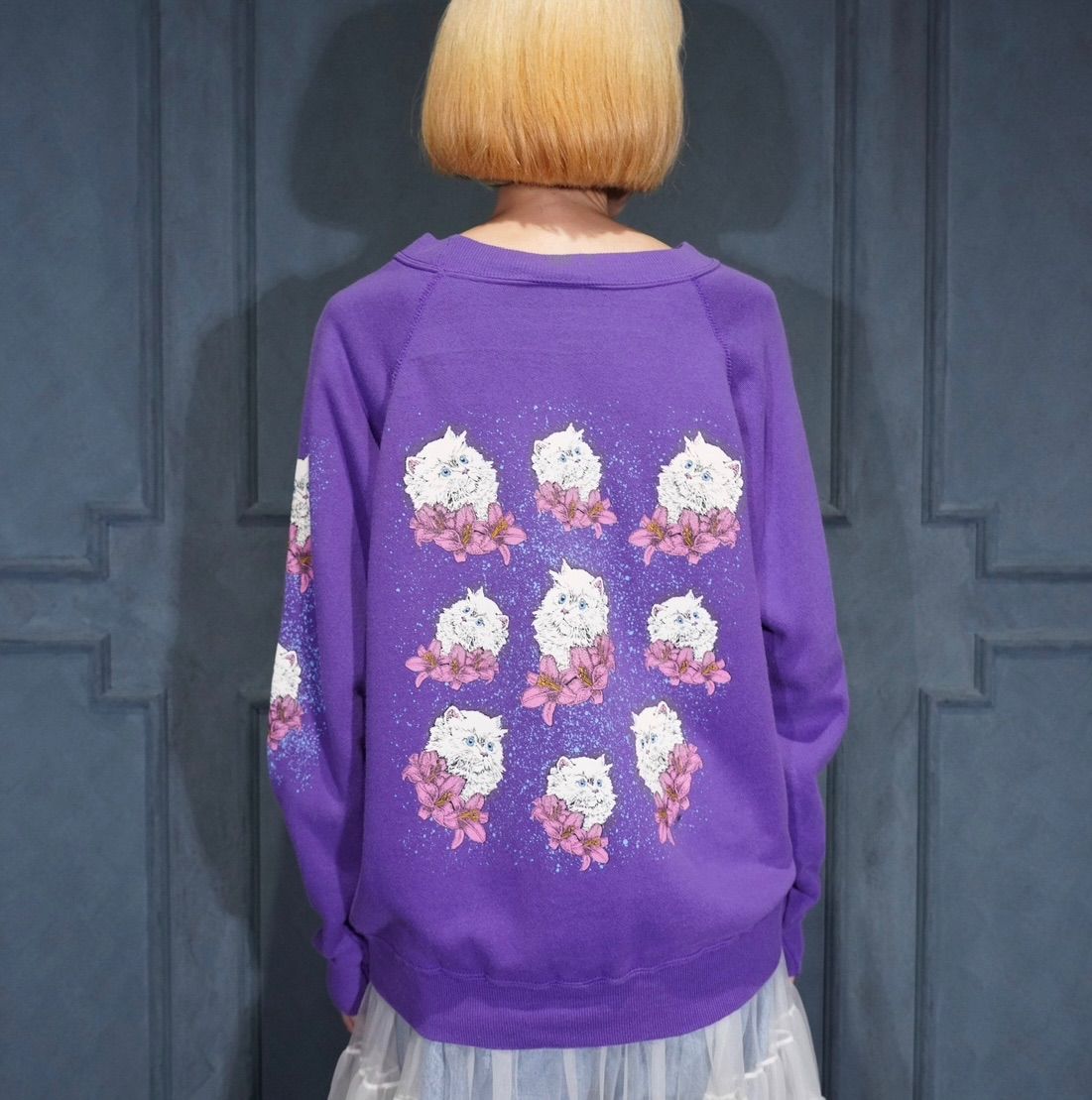  USA VINTAG Hanes Her Way FLOWER CAT DOUBLE SIDED PRINT DESIGN SWEAT SHIRT アメリカ古着お花にゃんこ両面プリントデザインスウェット トレーナー スウェット トップス