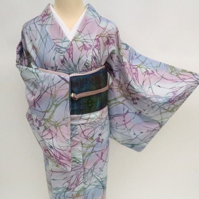 ✾まめ藤✾m2211 正絹 京友禅 手縫い仕立て 上州白滝紬