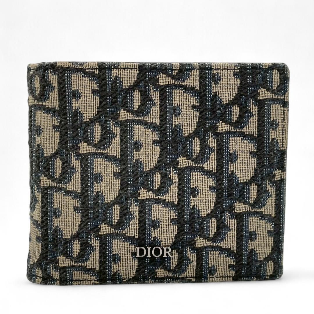 Y ディオール Christian Dior コンパクトウォレット 二つ折り財布 オブリーク ジャカード ベージュ×ブラック
