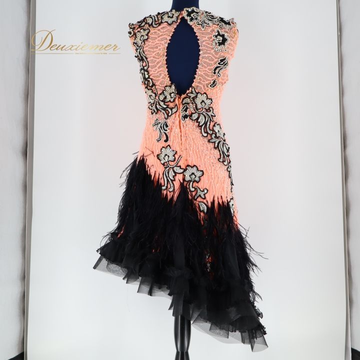 社交ダンス 衣装 ラテン ドレス ワンピース フリル 黒 サーモン デモ 競技 パーティ 発表会 ピンク系 ブラック系 スカート フリルレース おしゃれ デザイン 女性用 舞台衣装 ダンスウェア 競技用衣装 フォーマル パーティードレス 大人用 豪華 LLC-HASEGAWATOSO_COM