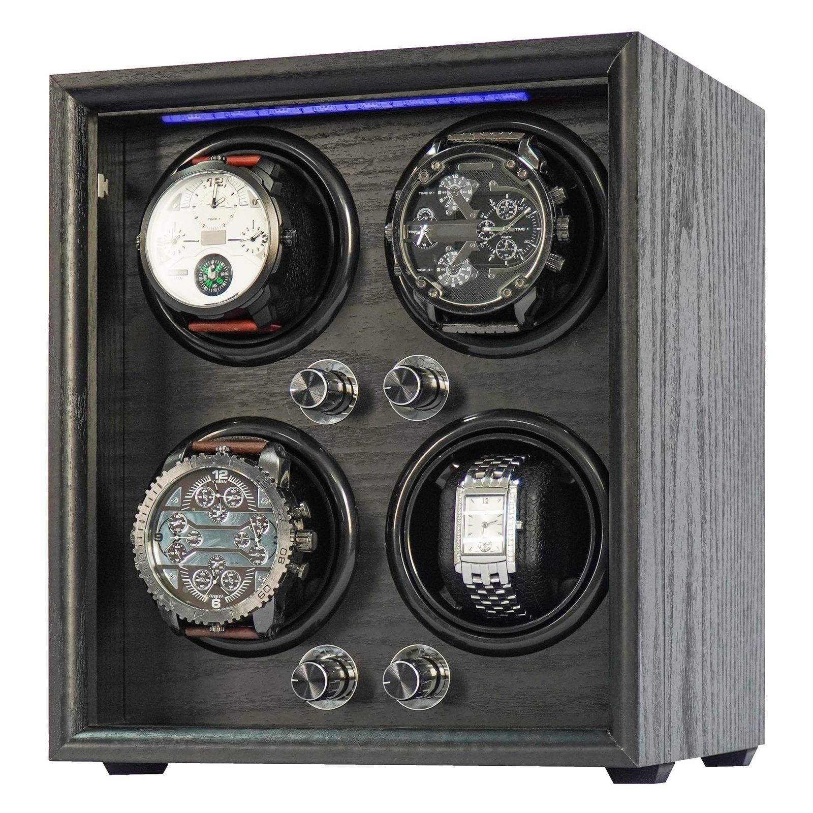 ORYX ワインディングマシーン 腕時計自動巻き上げ機 ウォッチワインダー 4本巻き 時計ケース 自動巻き 調整 クッション LEDライト付 木製 USB電源 黒木製