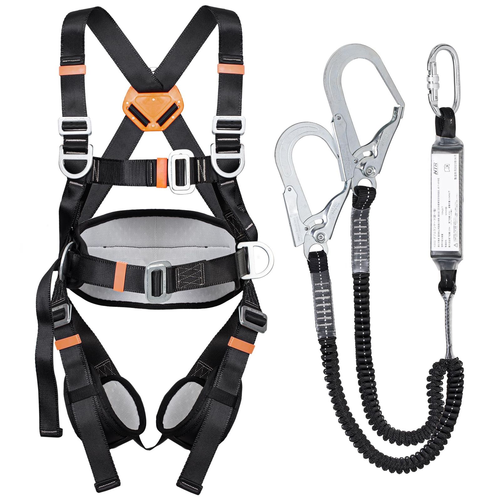 INCLAKE フルハーネス安全帯 新規格 安全帯 セット フルハーネス 安全帯 新規格 ハーネス安全帯 2丁掛け 腰パッド 腿パッド 墜落制止用器具 蛇腹 伸縮式ダブルランヤード 安全落下全身保護キット 安全確保 落下防止 高所作業用 建設工事