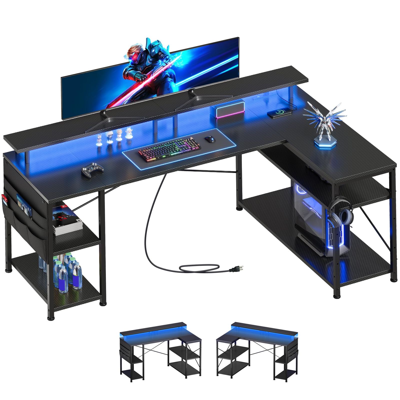 迅速発送 YeTom ゲーミングデスク幅130cm l字デスク LEDライト付き pcデスクコーナーデスク 棚板高さ調節 収納袋付き L字型 PC 勉強机 ゲーミングテーブル 左右入れ替え対応ゲーム 書斎黒い