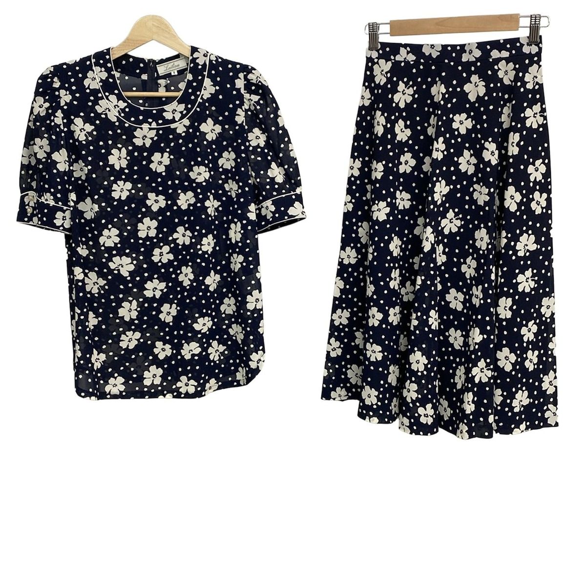 Leilian レリアン スカートセットアップ サイズ9 M レディース - ネイビー 半袖|クルーネック|花柄|シースルー|肩パット