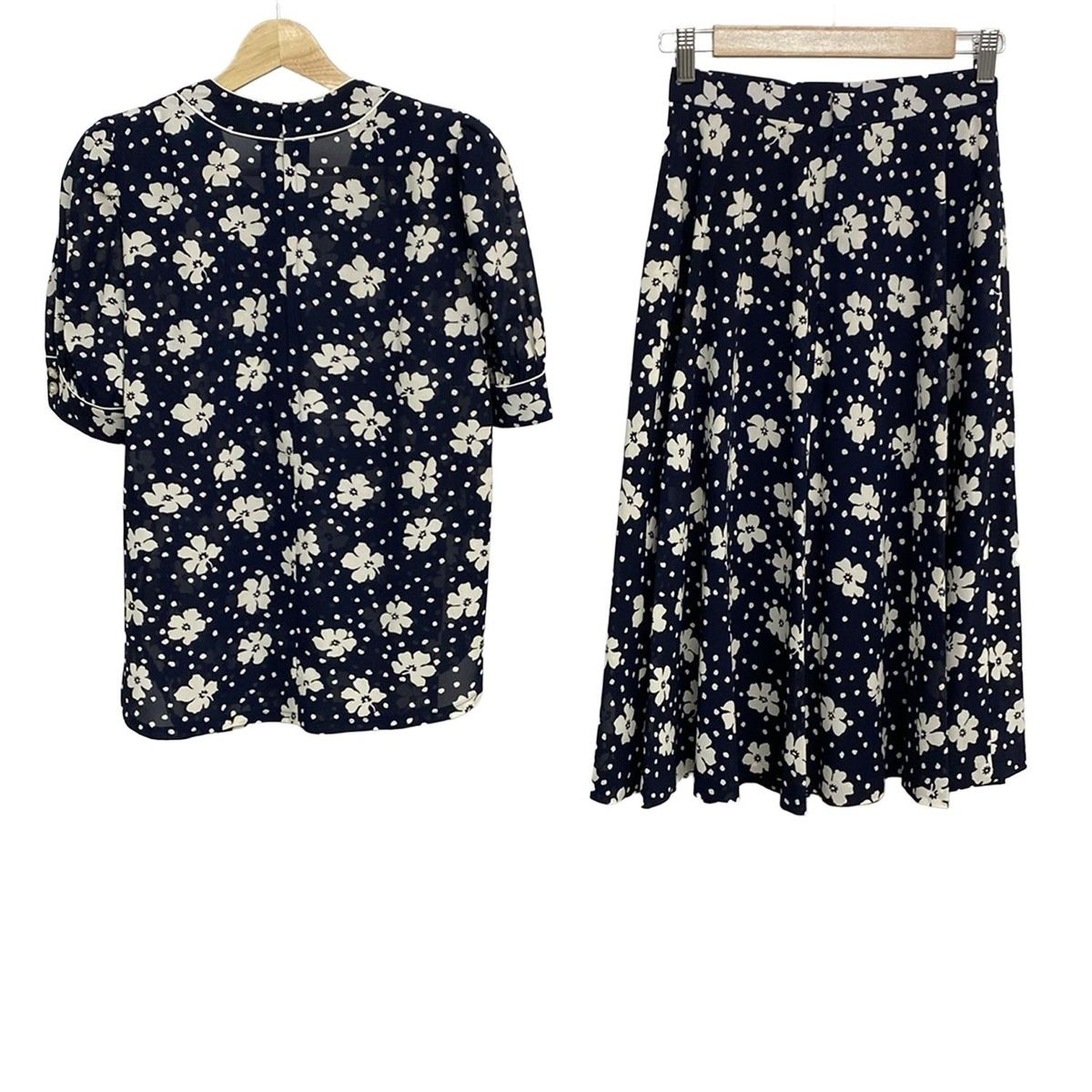 Leilian レリアン スカートセットアップ サイズ9 M レディース - ネイビー 半袖 クルーネック 花柄 シースルー 肩パット