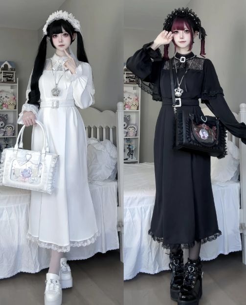 地雷系 量産型 ワンピース ロングワンピ レース ベルト付き ロリータ ゴシック ブラック ホワイト 長袖 Aライン フ ワンピ 原宿系 可愛い 病みかわいい 韓国ファッション レディース 春 秋 冬