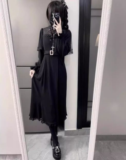 地雷系 量産型 ワンピース ロングワンピ レース ベルト付き ロリータ ゴシック ブラック ホワイト 長袖 Aライン フ ワンピ 原宿系 病みかわいい 韓国ファッション レディース 春 秋 冬