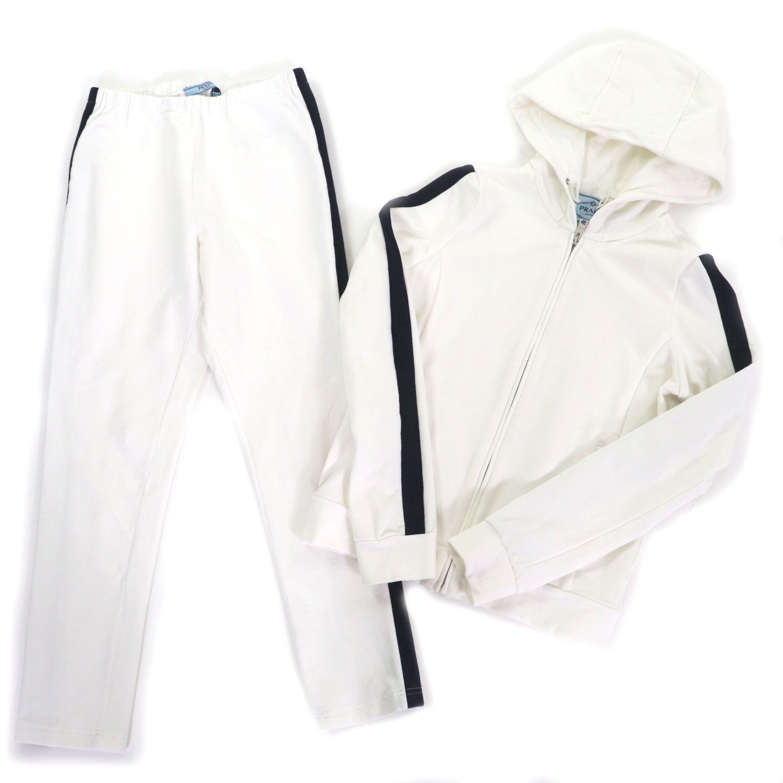 PRADA プラダ 138468 R142 D8R コットン ラバーロゴ サイドライン ジップアップパーカー スウェットパンツ セットアップ ホワイト ブラック XS レディース