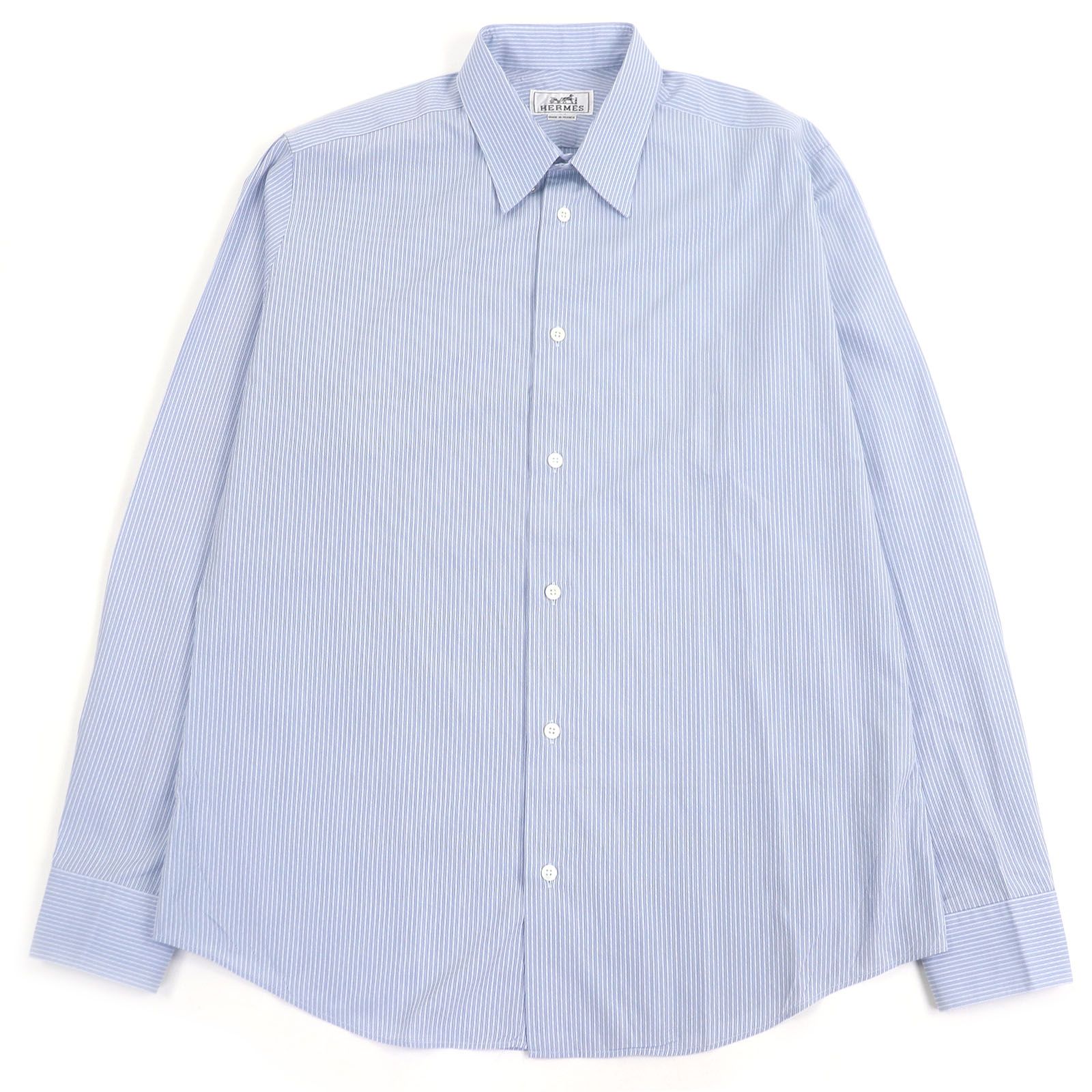□HERMES エルメス コットン100％ ストライプ柄 袖セリエボタン ロングスリーブ 長袖シャツ ビジネスシャツ ブルー 41 フランス製 メンズ