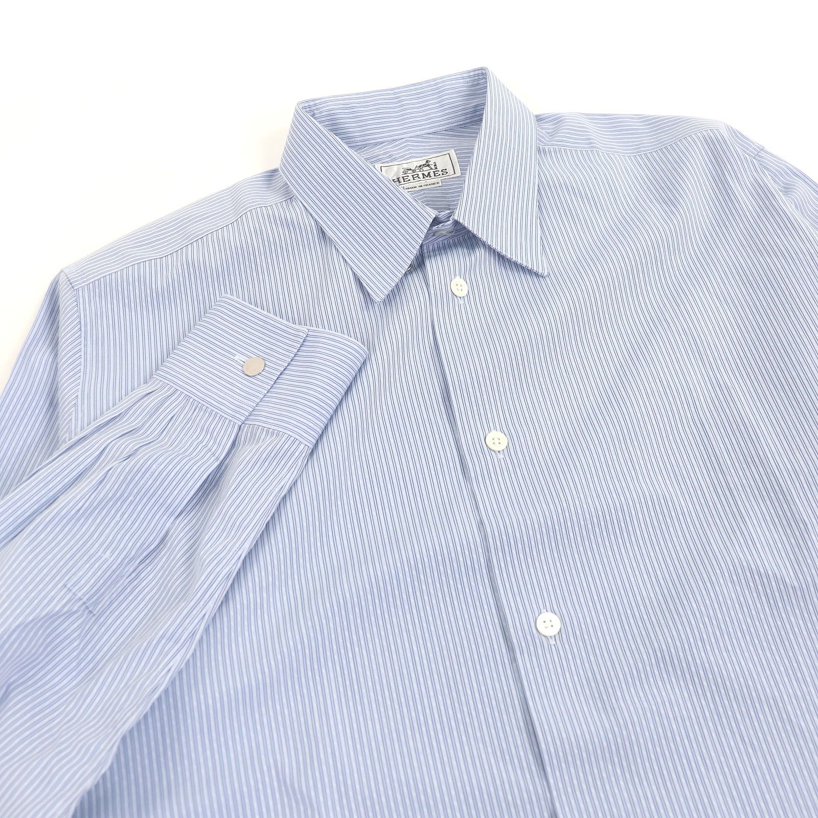 HERMES エルメス コットン100％ ストライプ柄 袖セリエボタン ロングスリーブ 長袖シャツ ビジネスシャツ ブルー 41 フランス製 メンズ