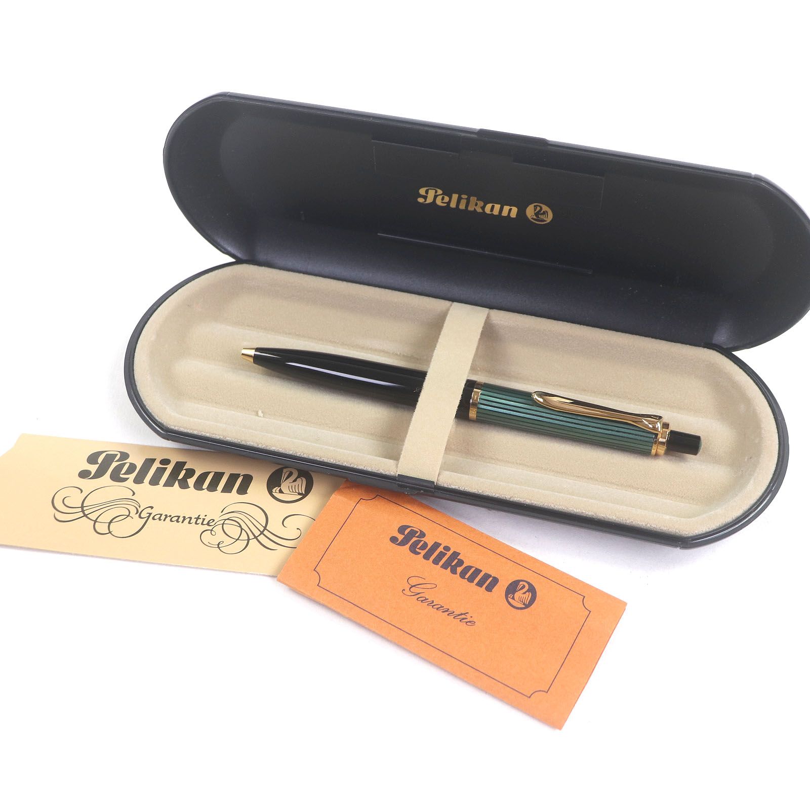 □PERIKAN ペリカン スーベレーン K600 ノック式 ボールペン グリーンストライプ ブラック ゴールド ケース付き 西ドイツ製 メンズ 筆記 済み