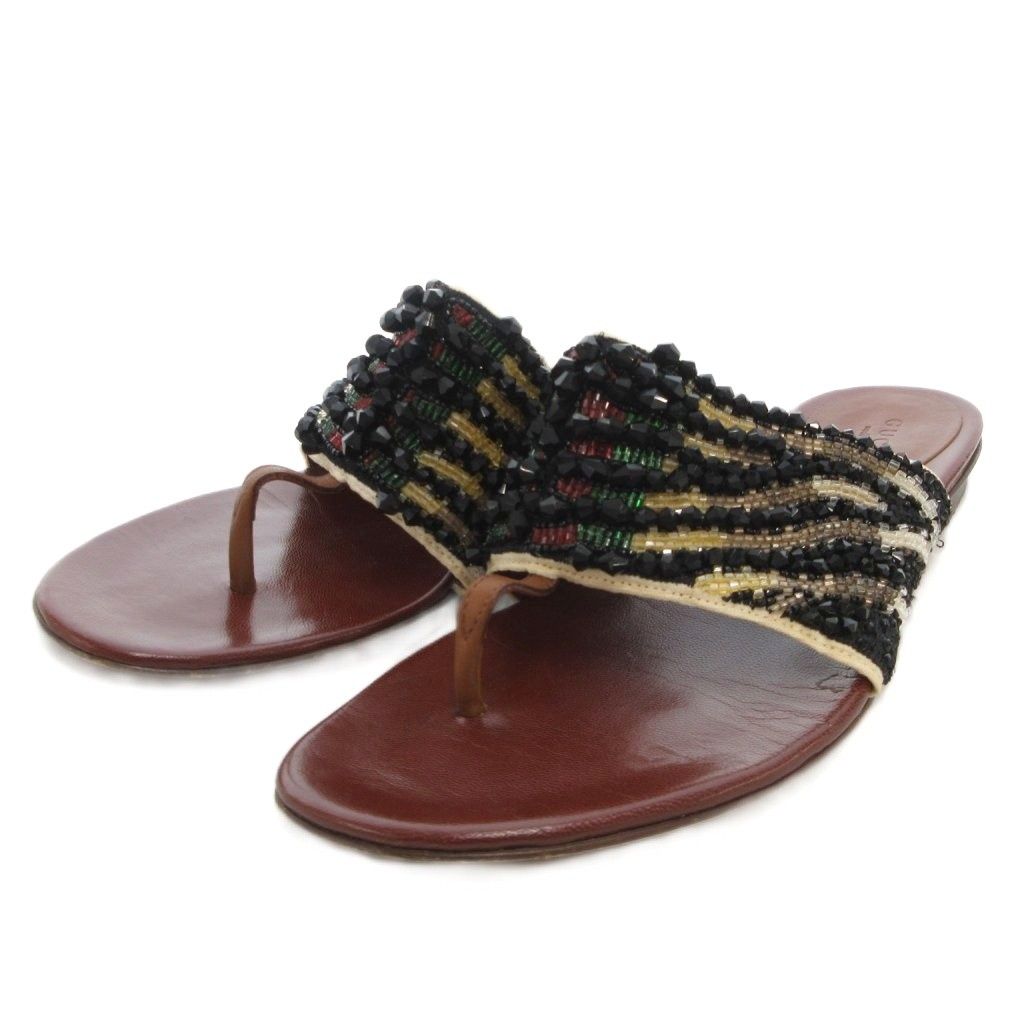 グッチ GUCCI トングサンダル シューズ ビーサン レザー ビジュー 37 茶 ブラウン 156105 |FF GY19