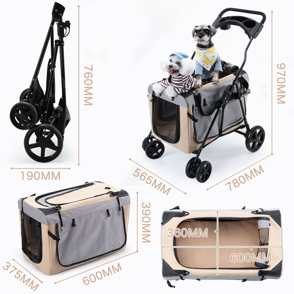 Pandaloli ペットカート 犬 バギー ベビーカー 中型犬 小型犬 猫 多頭 カート 4輪 軽量コンパクト 耐荷重25Kg 前輪360°回転 後輪ブレーキ付き 飛び出し防止リード2本付き 折りたたみ 組み立て簡単 ベージュ色