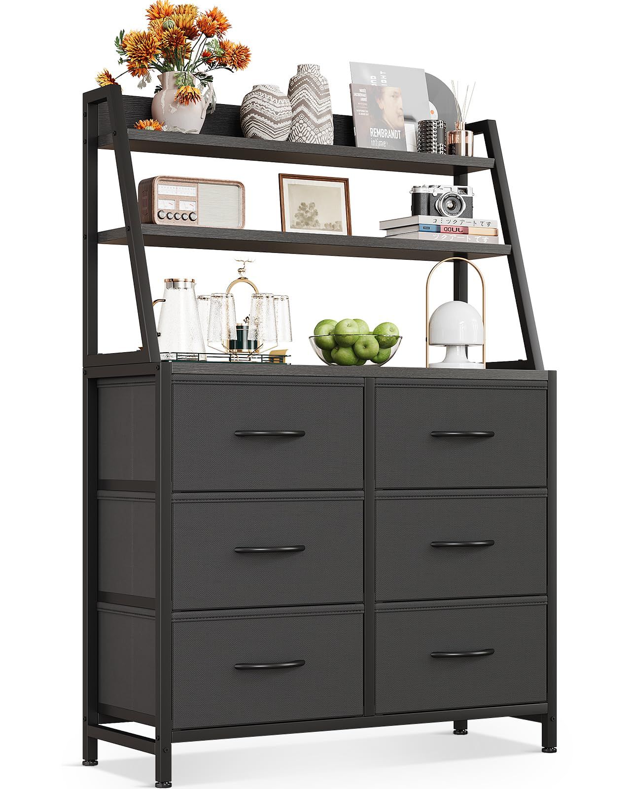AODK 棚 収納 ラック付きチェスト タンス 大容量 幅80×奥行き30cm たんす 洋服タンス リビング収納 布製引き出し 衣装ケース 転倒防止 安定感 おしゃれ 6段6杯 ブラック