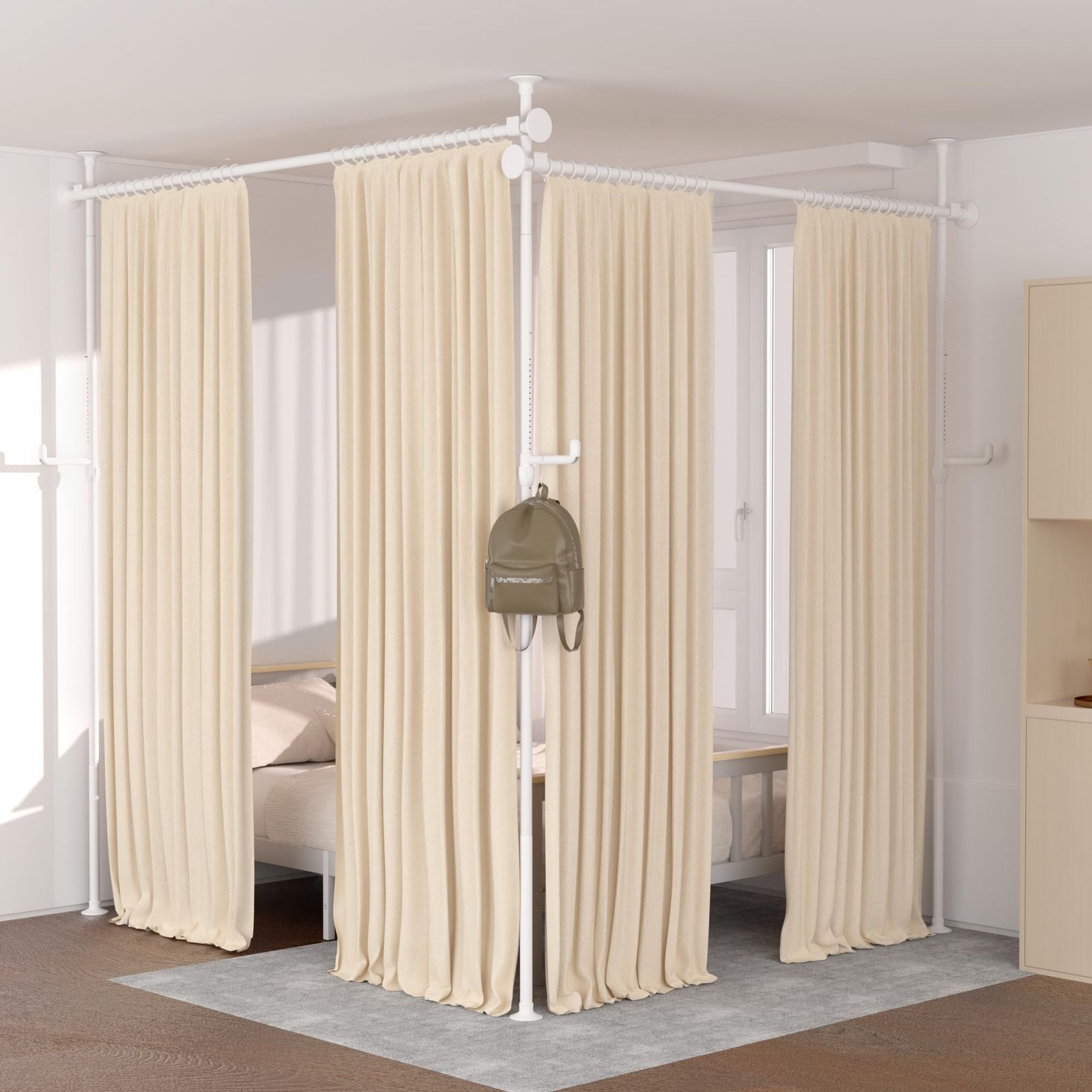 KELIXU 突っ張り式 パーテーション 間仕切り 高さ110～317cm×奥行110～317cm×幅110～317cm つっぱり棒 カーテンレール ポール 縦横伸縮 取付簡単 リングとミニフック付き 白 おしゃれ 部屋 3ポール ホワイト