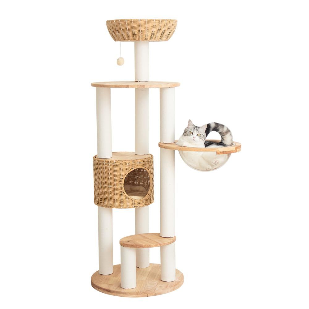 なになにLife キャットタワー 木製 天然木使用 据え置き 丸型土台 大型猫 おしゃれ ラバーウッド 高さ145cm 手編みカゴ インテリア性 多頭飼い スリム 夏冬兼用 省スペース 面取り ラタン風 耐久性 見晴台 猫タワー 宇宙船 クリアボ