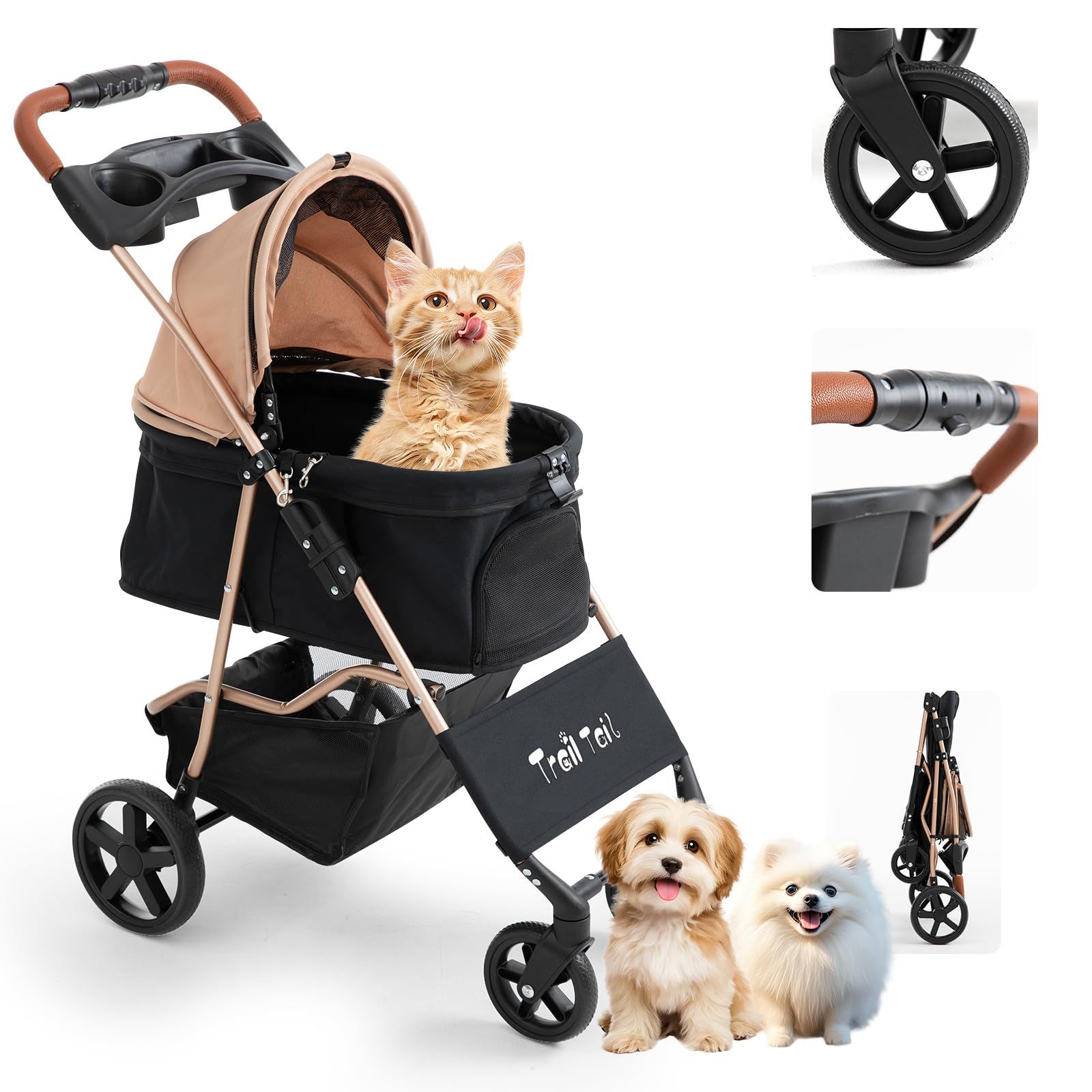 TRAIL TAIL ペットカート 犬用ベビーカー 小型犬 一体型 折り畳み イヌバギーミニ 4輪タイプ 組み立て簡単 猫犬兼用 ?物推? ドッグ 旅行 スタイリッシュゴールド レザーハンドル 軽量 6kg コンパクト ワンタッチ開閉 メッシュ 耐荷重1