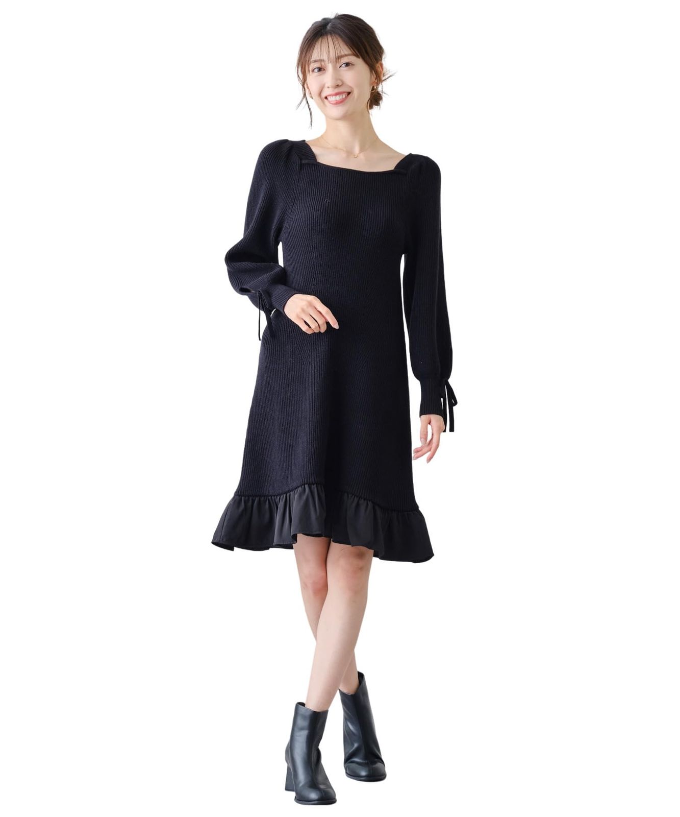 ミッシュマッシュ ワンピース ミニワンピース ミニ丈 フリル スクエアネック パフスリーブ Aライン リボン スリット レディース MM447417 BLACK