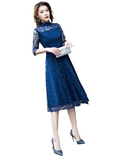 EightSTAR Dress 結婚式ドレス レディース Aライン 袖あり お呼ばれ ワンピース ミモレ丈 ひざ丈 二次会 レース 披露宴 オーガンジー ハイネック M ネイビー