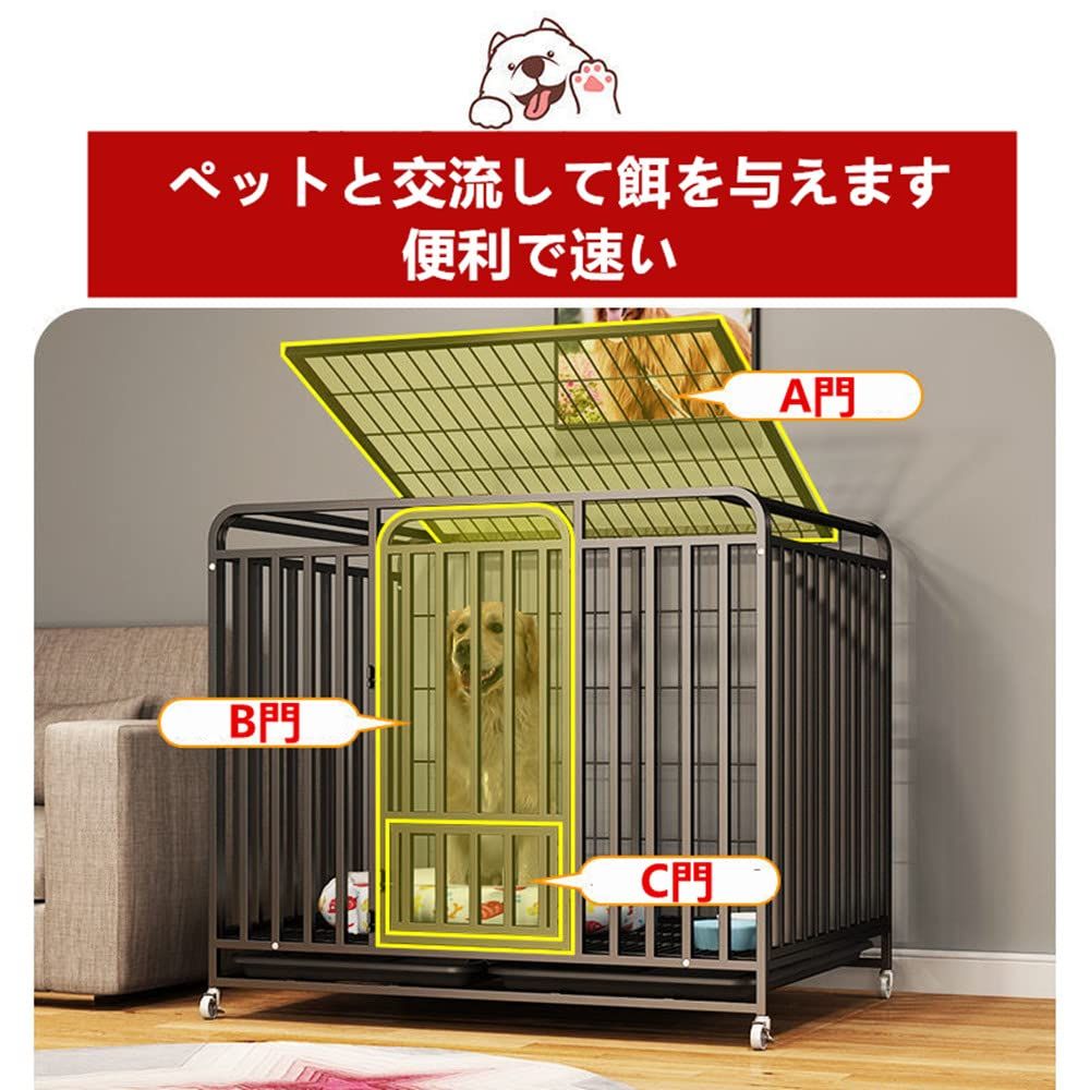 HPYWTJY ペットケージ カゴ ドッグクレート 大型犬 中型犬 トイレ ノイズ防止 4輪 錆びにくい 亜鉛メッキ ペットケージ 鉄製 犬檻 犬小屋 キャスター付き 角パイプ 錆防止 組み立て 折りたたみ式 ペットサークル ドッグケージ 小型犬